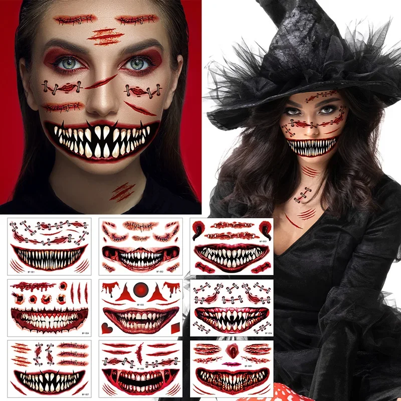 9Sheets/Set Halloween Big Mouth Funny Face Tattoo Stickers Party Scars Horror Face Stickers Temporary Tattoo Waterproof Sticker