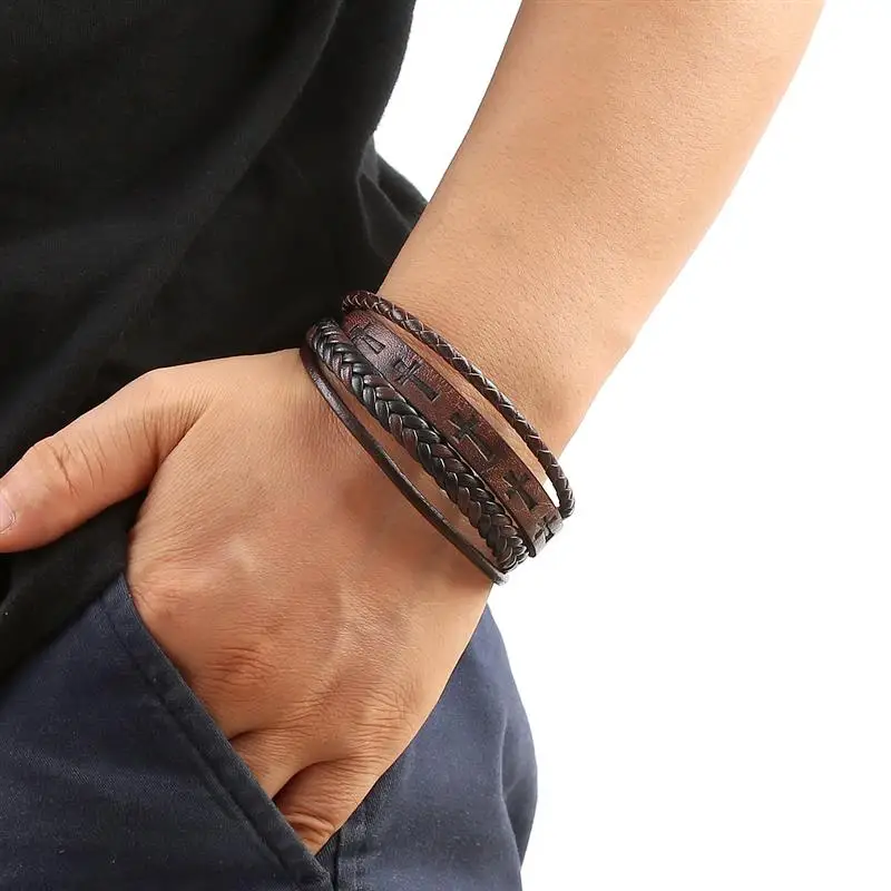 2023 New Men Cross logo Leather Bracelet Vintage Handwoven Hip-Hop Punk Bracelets Hand Jewelry Gifts Dropshipping