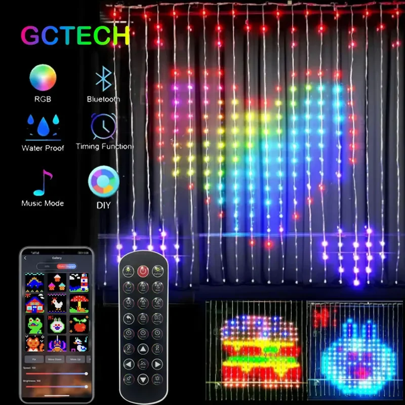 Decoração inteligente led rgb, cortina inteligente luz de corda bluetooth controle app luz de fadas de natal diy imagem exibição guirlanda decoração