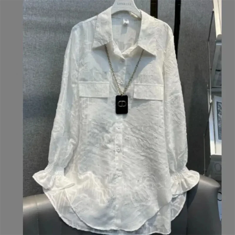 Spring Summer Blouse 2024 Sky Full Stars Fashion Hollow Loose Shirts Long-Sleeved Shirt Female Mid-Long Long Sleeve T-Shirt Tops