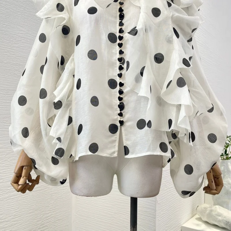 Linen slink 2024 New Summer women high quality white dot print long sleeve ruffles blouse top