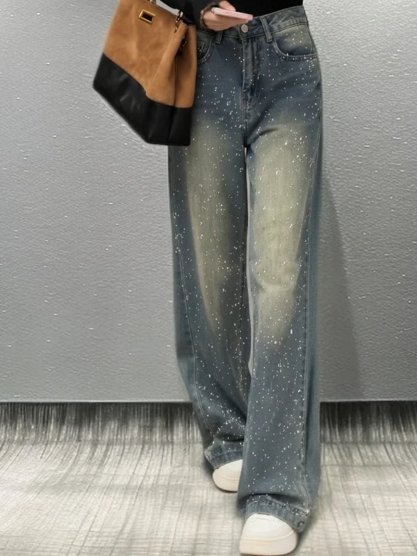 

Spring High Waist Wide Leg Jeans Women's Loose Fit Diamond Embellied Casual Sle Blue Denim High Faion Sensation