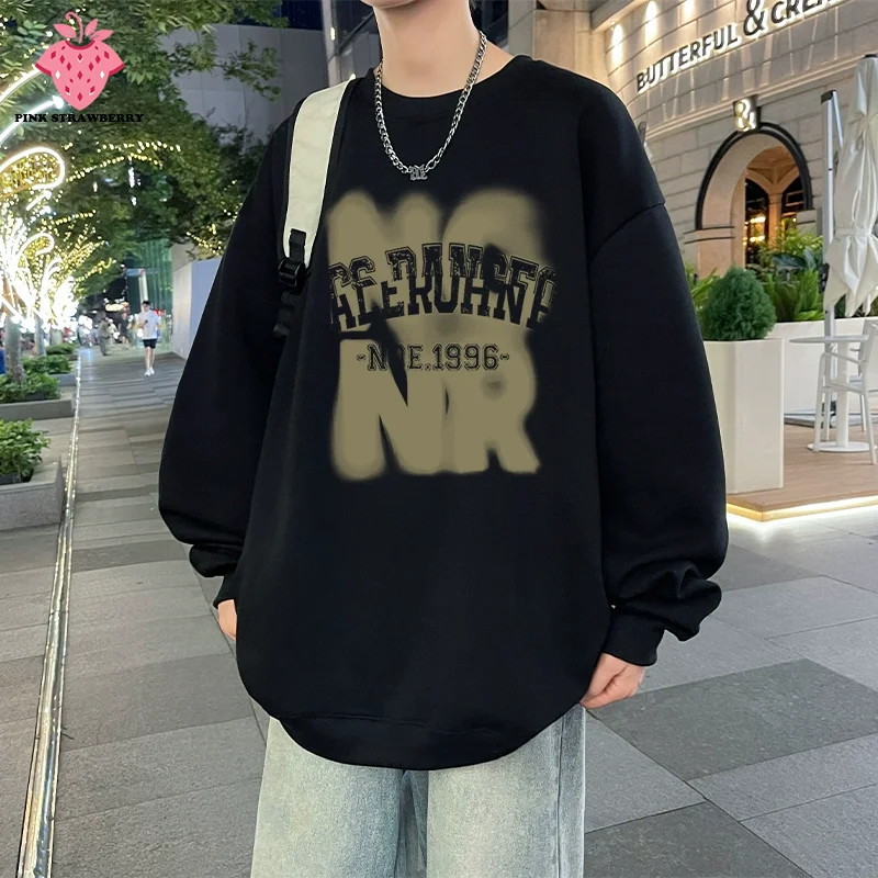 American Retro Black Plush Sweatshirt Men Autumn Winter 2025 New Oversize Loose Long sleeves Pullover Y2K Top Men Warm clothing