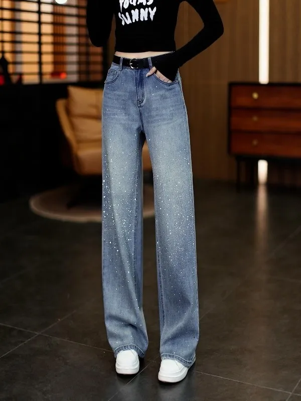 

Faionable Heavy Du Rhinestone Wide Leg Jeans Women's Spring 2026 New Sle Slimming Straight Cut Trousers High Waist
