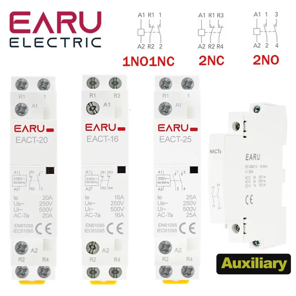 Household Modular AC Contactor Din Rail Mounted DC12V 24V AC110V 220V 50/60Hz 2P 16A 20A 25A 2NO 2NC 1NO1NC for Smart Home House
