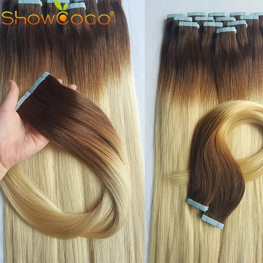 Showcoco-fita em extensões de cabelo para mulheres, 100% cabelo remy, invisível dupla face, cor loira, cabelo humano colorido, 14 \