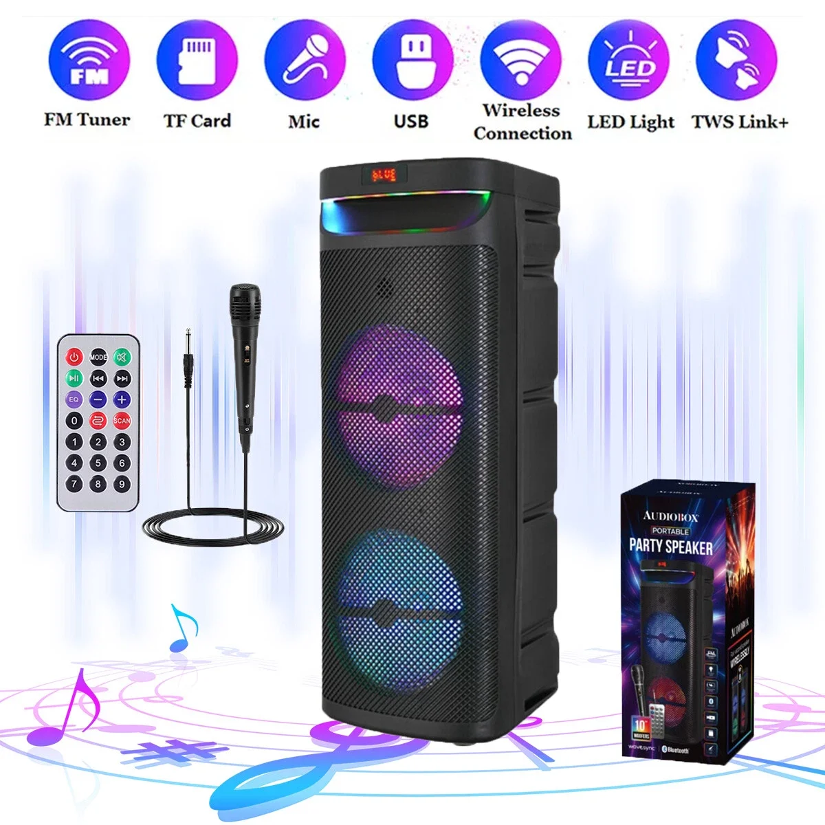

Двойной 10-дюймовый сабвуфер, портативный Bluetooth-динамик для вечеринок, микрофон с тяжелыми басами, FM DJ