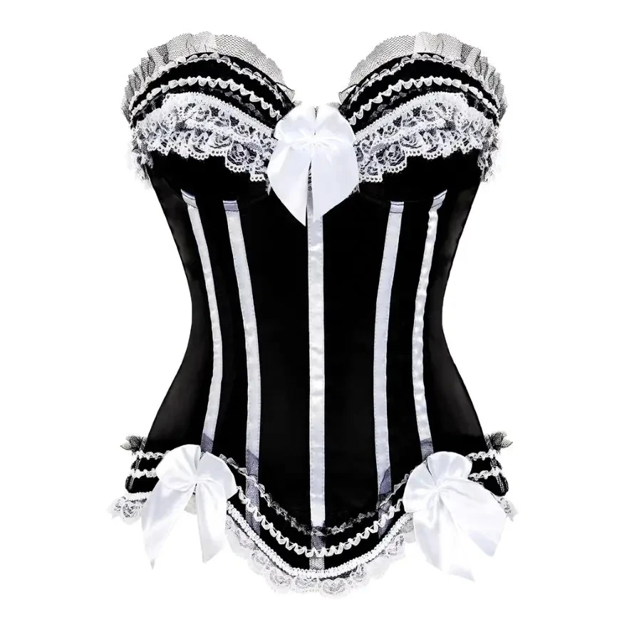 Women Pink Sexy Lace Bow Corset Top Vintage Striped Lacing-up Bustier Boned Overbust Sexy Lingerie Top Corset Dance Party Outfit