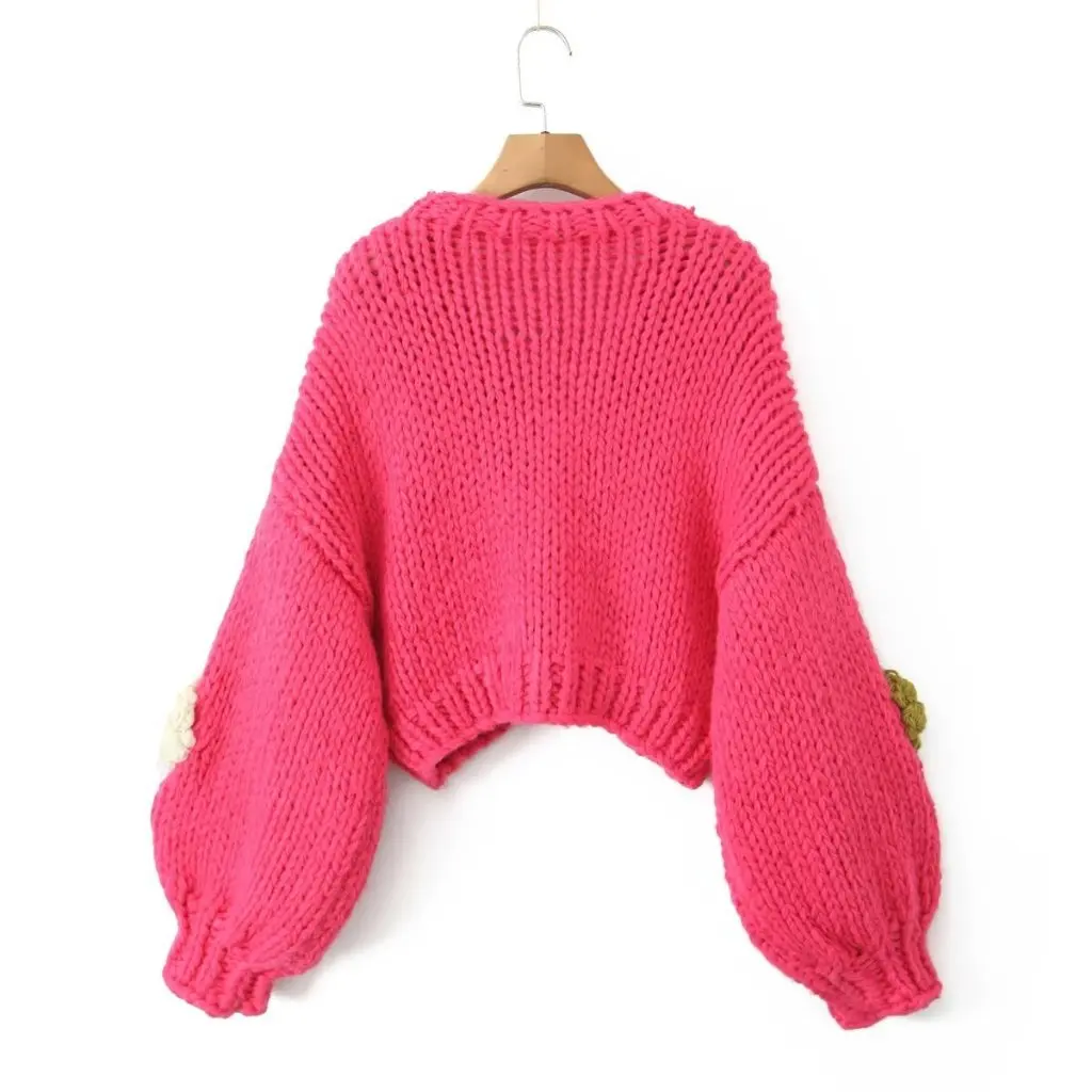 المرأة اليدوية محبوك سترة 3D زهرة التطريز كسول نمط فضفاض معطف قصير الخريف الشتاء الأزياء الأوروبية الأمريكية