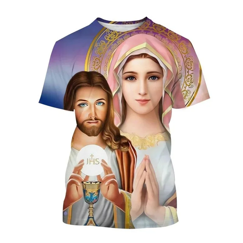 Summer Men Kids Virgin Mary 3D Print T-shirt Christian Jesus T-shirt for Casual Western European Short Sleeves Women Tops Tee