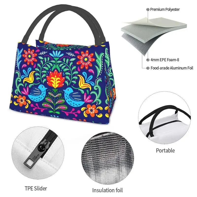 Beautiful Mexican Floral Art Insulated Lunch Bag for Work Office Mexico Resuable Cooler Thermal Lunch Box Women