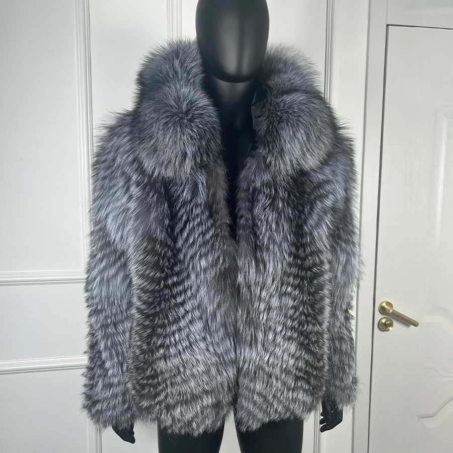 

Real Silver Fox Fur Coats Men Genuine Fox Fur Coat With Collar Natural Fur Jacket New Arrival Leather Fur Jacket