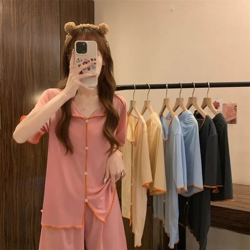 

Short-Sleeved Pajamas Female Qq Suit Korean Version of the Thin Fake Cardigan Lapel Buttons Simple Ice Silk Home Wear