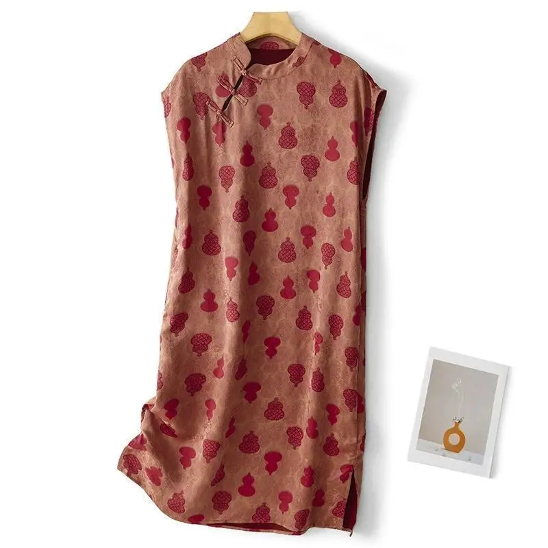 

Chinese Style Gourd Print Dress Women Summer New Retro Buckle Women's Dresses Fashion Slim Sleeveless Cheongsam Dress