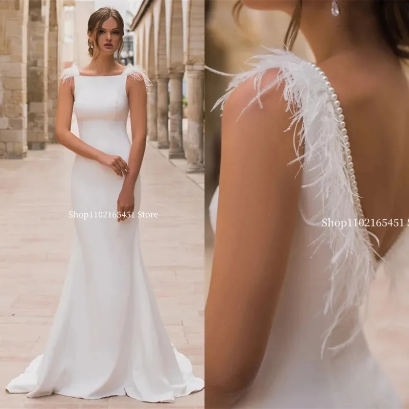 Vestidos De novia elegantes De sirena para mujer, vestidos De novia con espalda abierta, Vestido De novia De perlas con plumas