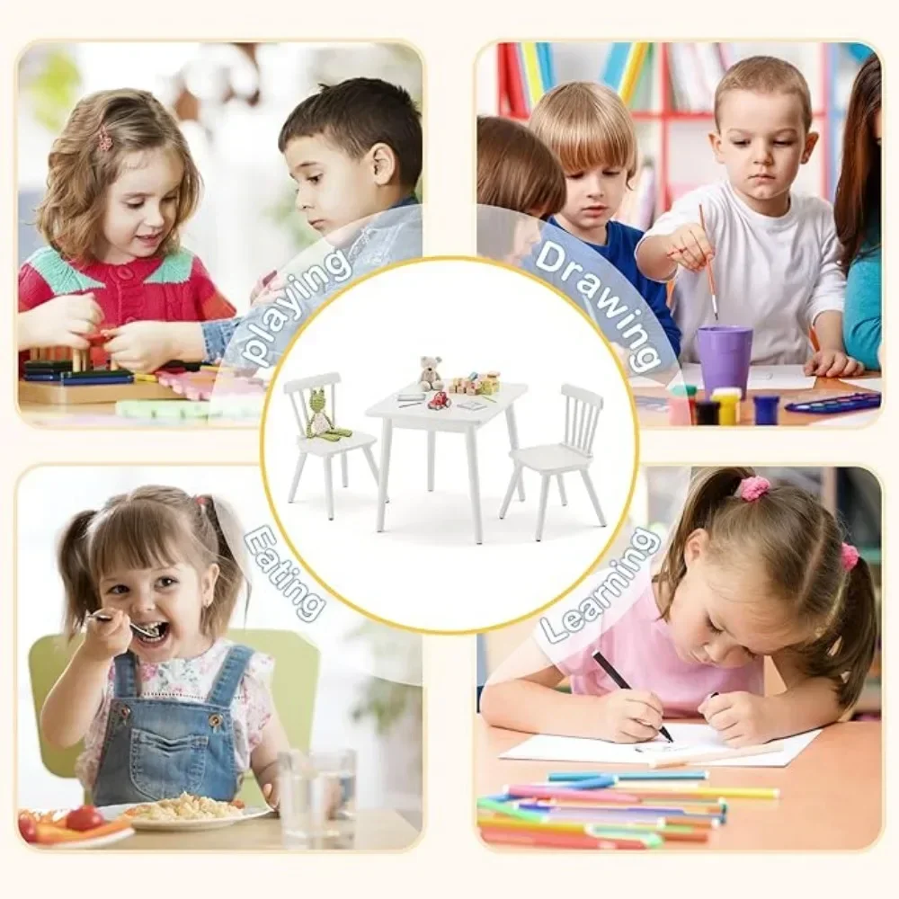 Conjunto de mesa infantil Windsor e 2 cadeiras, conjunto de mesa e cadeira de borracha para crianças pequenas para arte, brincar, artesanato, atividades, mesa infantil, branco