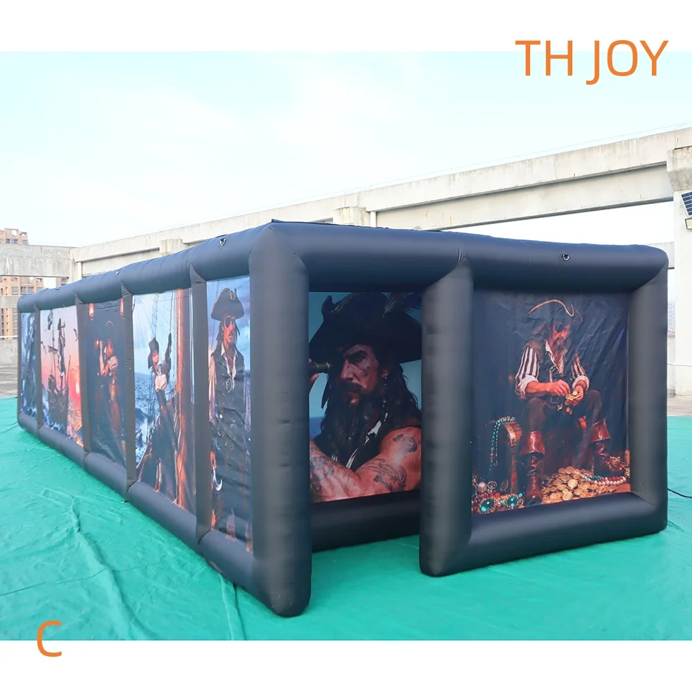 Casa embrujada de pirata inflable grande de 9x4m, laberinto de juegos de etiquetas láser inflables con impresión completa a la venta