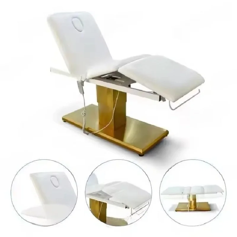 Electric Beauty Bed 3 Motors 3 Section Adjustable Massage Table Facial Tattoo Lash Bed Gold Base Spa