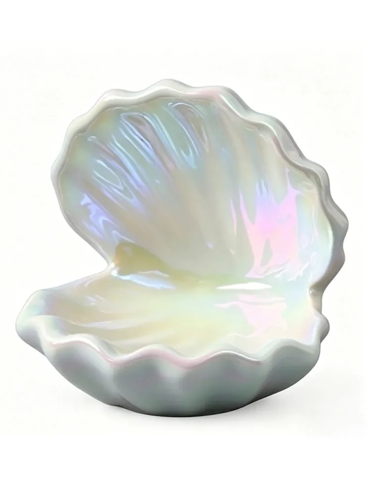 Iridescent Ceramic Seashell Jewelry Dish Trinket Tray for Rings Earrings Necklaces and Home Decor Aesthetic Shell Shaped Organiz
