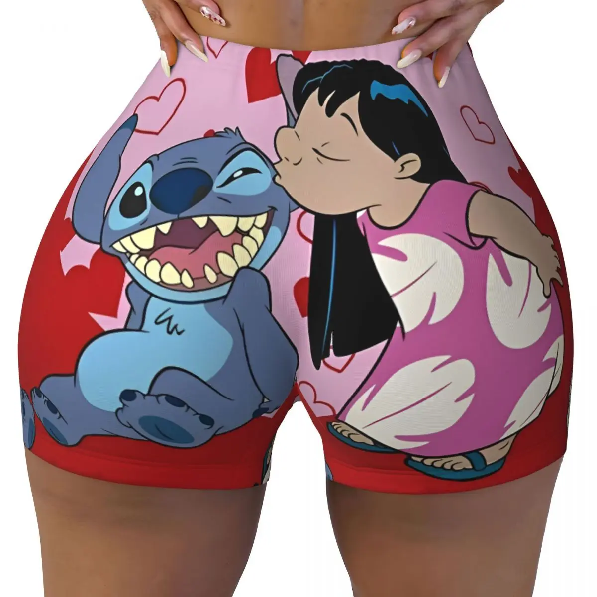 

Ladies Yoga Gym Running Tight Shorts Lilo And Stitch Kiss Seamless Shorts Gym Biker Running Leggings