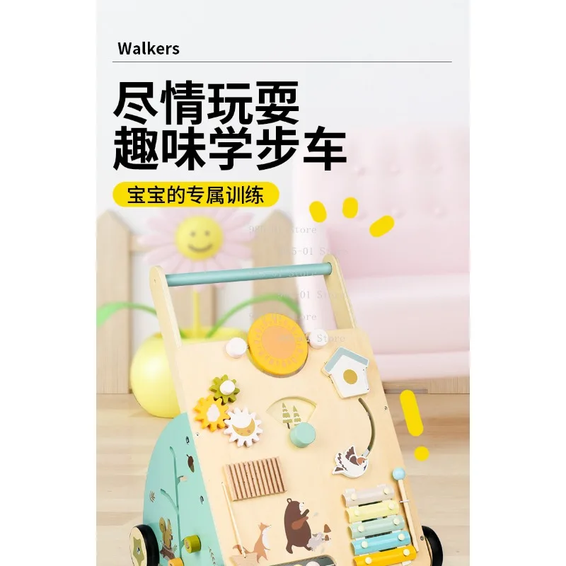 Height adjustable wooden walker with anti-rollover design, puzzle early education walking aid trolley