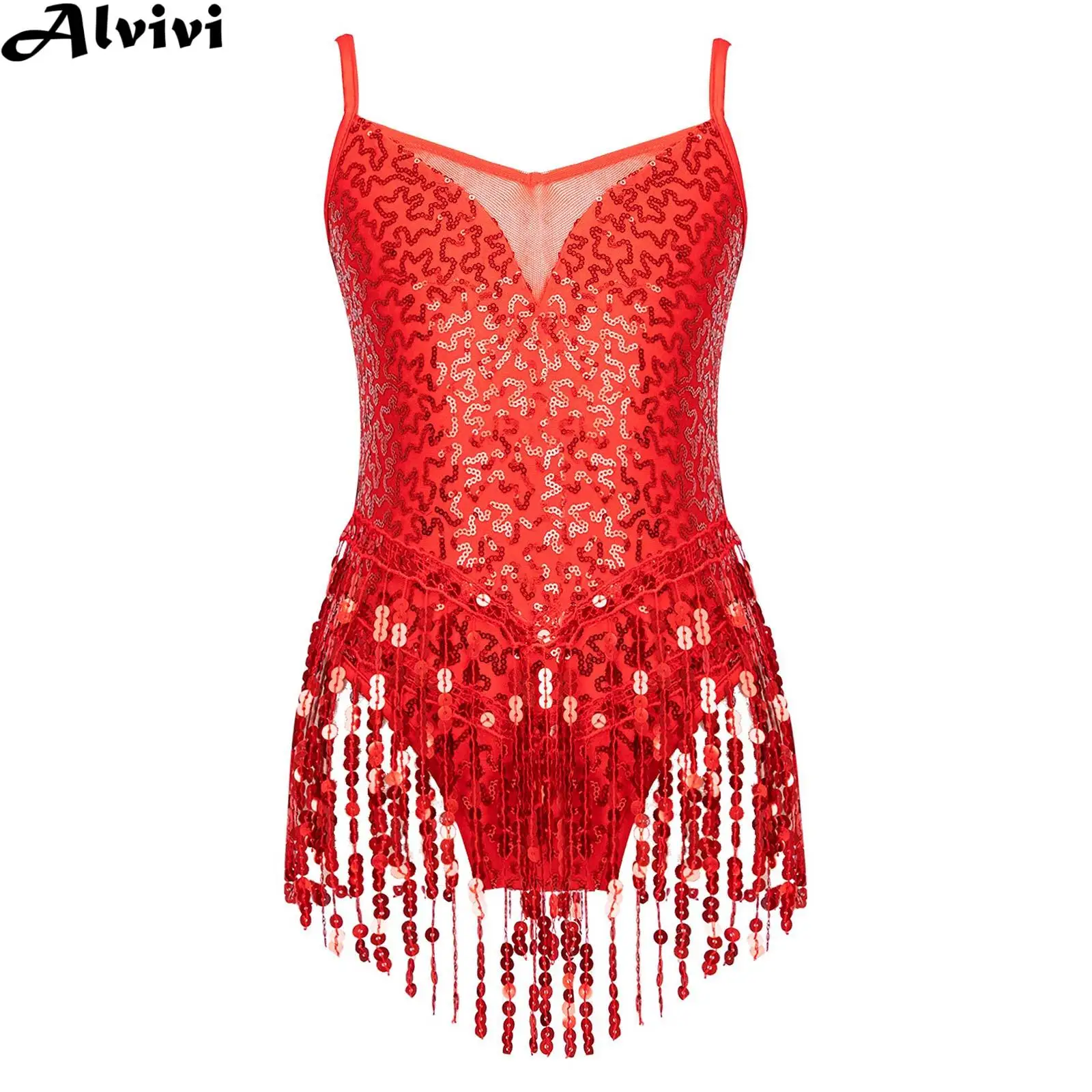 

Children Girls Shiny Sequin Tassel Leotard Dress Latin Dance Tango Samba Rumba Cha-cha Ballet Figure Skating Gymnastic Bodysuit