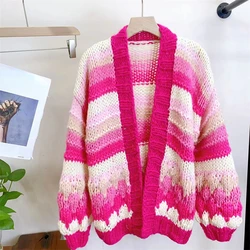 Women Colorful Bohemian Chunky Knit Mohair Sweater Handmade Bulky Cardigan Warm 2023 Autumn Winter New In