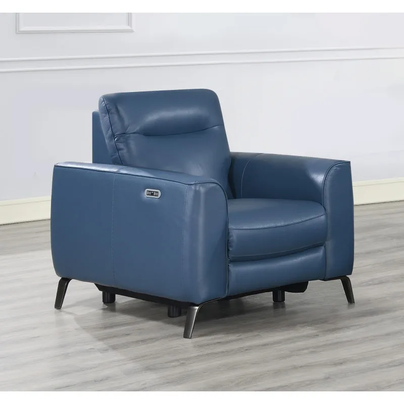 Fashionable Ocean Blue Leather Reclining Chair - Dual-Power Mechanism, High-Leg Style - Stylish Comfort Package