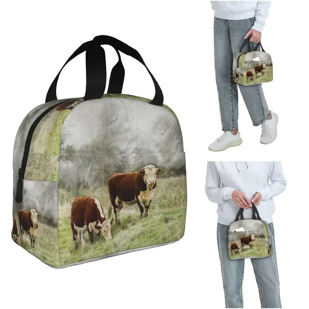 Bolsa térmica para almoço com estampa de aquarela de touros e vacas de Hereford, para mulheres e crianças, caixas de comida portáteis, bolsa térmica para almoço