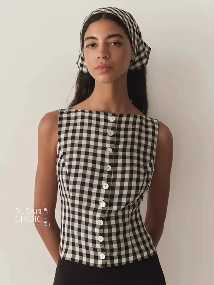 

Susan Do Short Plaid Slim Fit Mixed Fabric Linen Blend Women's Top Vintage Style Button up Curvy Vest Summer Fashion Ladies' ...