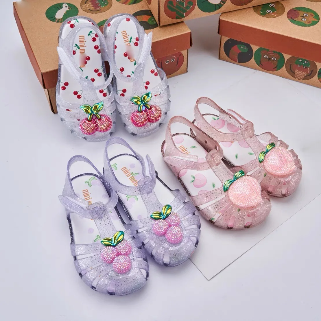 Mini Melissa Girl\'s Summer Fashion Fruit Roma Sandals Children Cute Donut Grap Watermelon Princess Beach Shoes For Kids Dress