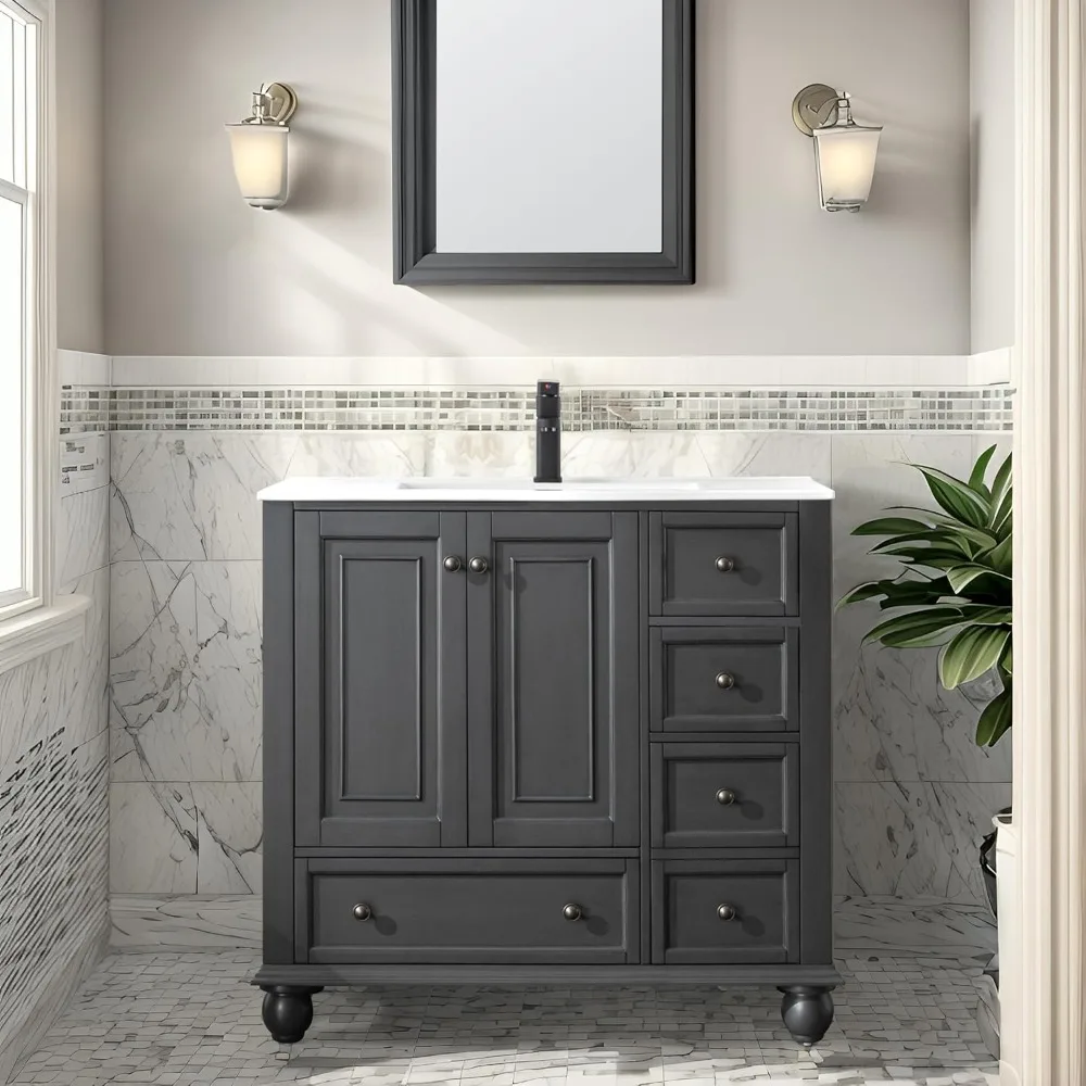 

36" Bathroom Vanity Sink Combo Vintage Style with Painted Solid Wood Construction, Undermount Ceramic Sink with Faucet & Drain