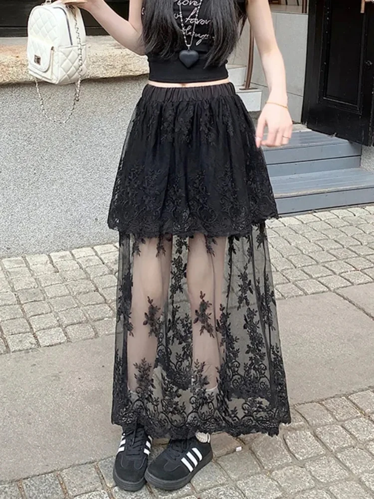 Gonne da donna in pizzo retrò Estate a vita alta Patchwork Gonne longuette casual Y2K Coreano elegante All Match Splicing A Line Gonne Mujer