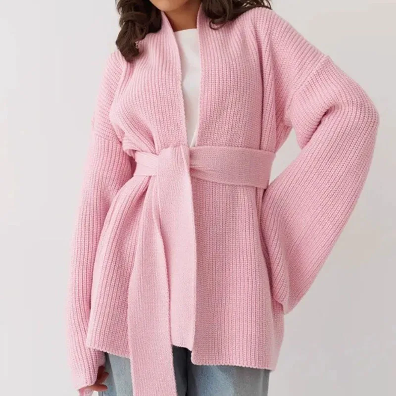 Casual Pit Streifen Gestrickte Spitze Up Strickjacken Herbst Winter Neue Einfarbig Langarm Pullover Dame Elegante V-ausschnitt Pendeln Jumper