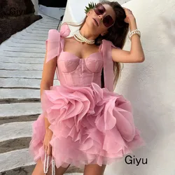 Giyu Pink Bow Prom Dress Sweetheart Collar Mini-length Above The Knee Cap Strap Multi-layered Birthday Party Dress