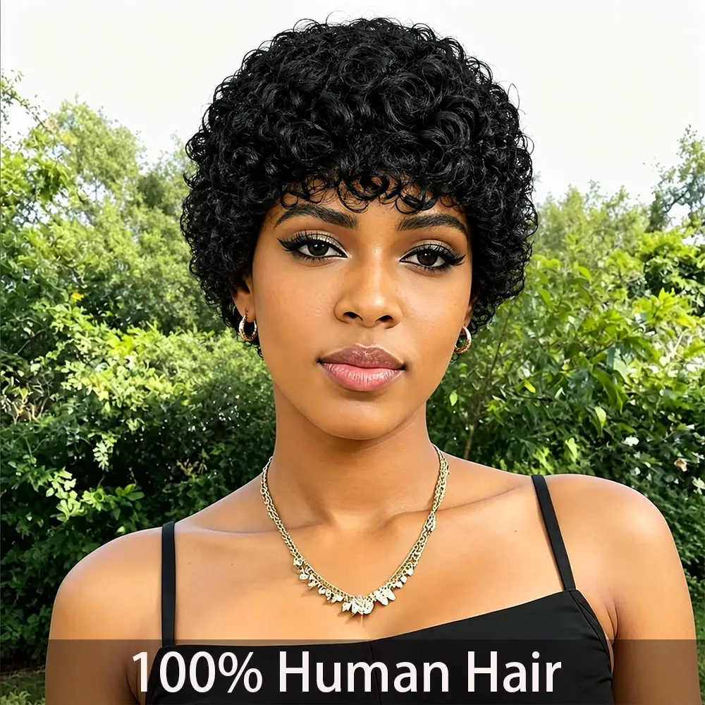 Afro Kinky Curly Pixie Cut Wig with Bangs Brazilian Human Hair Wig for Women Short Water Curly Pixie Cut Remy Human Hair Full Machine Made 4