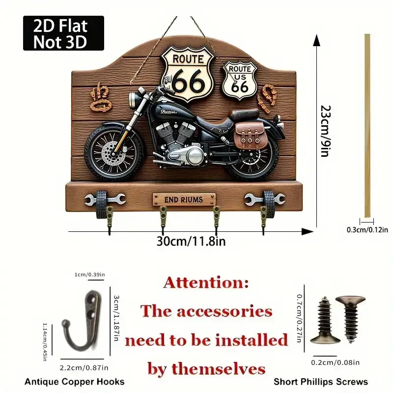2D Flat, Vintage 1960s Route 66 Motorcycle Key Holder Wall Decor with 4 Metal Hooks - Retro Garage Storage for Porch, Room &