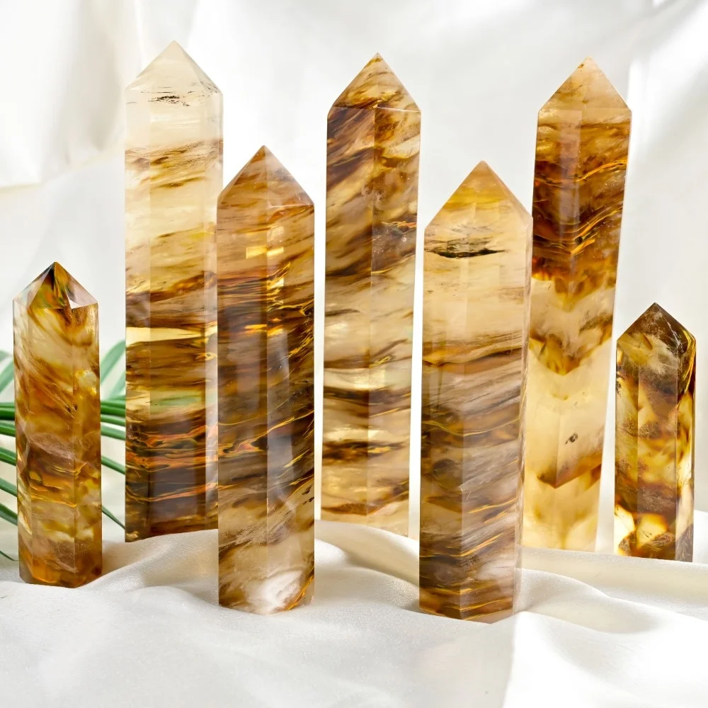 1pc Tiger Stripe Smelting Tower - Polished Hexagonal Prism Crystal Stone with Golden-Brown Striations