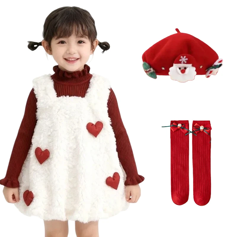 

Girls Christmas Costume Red Long Sleeve White Dress 2 Pcs with Socks Hat Full Set Winter Clothes Xmas Theme Party New Year