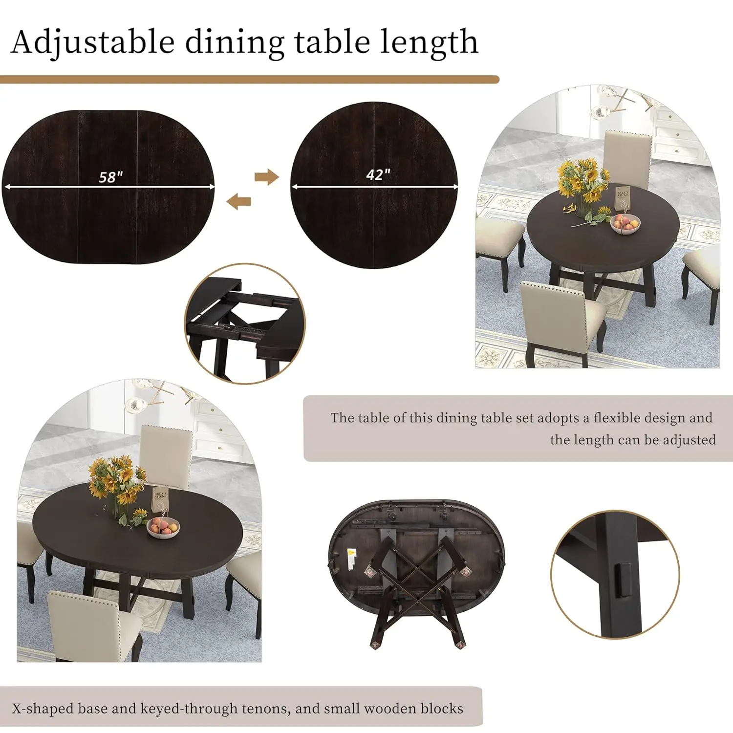 Farmhouse Extendable Round Dining Table Set, Round Wood Table With Shelf And Upholstered Chair Set Perfect For, Customized