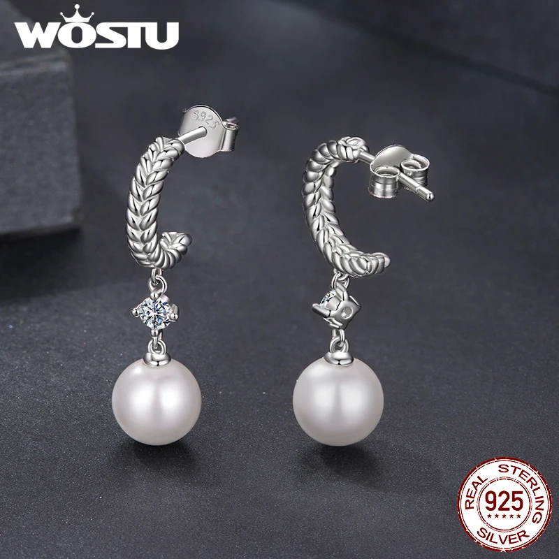 WOSTU 0.2CT مويسانيتي واللؤلؤ إسقاط أقراط للنساء ، مضفر استرخى أقراط الزفاف حفلة خطوبة مجوهرات هدية