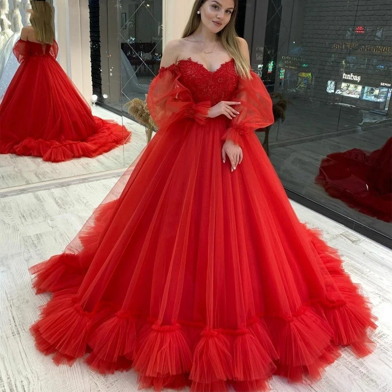 

ANGELSBRIDEP Red Sweetheart Evening Dresses Pleat Tiered Tulle Detachable Sleeves Sexy Lace Princess Birthday Party Gowns