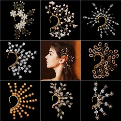 Gold color Alloy Leaf Earrings Flower Ear Clip For Women Baroque Exaggerated Beads Ear Cuff Clip Earrings Wedding Party Jewelry