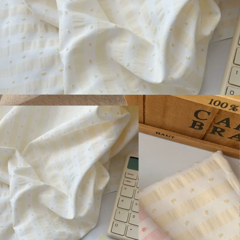 

Polka Dot Stripe Fabric YellowPolyester-Cotton Light Yellow Dress Pajamas Bag Fabric