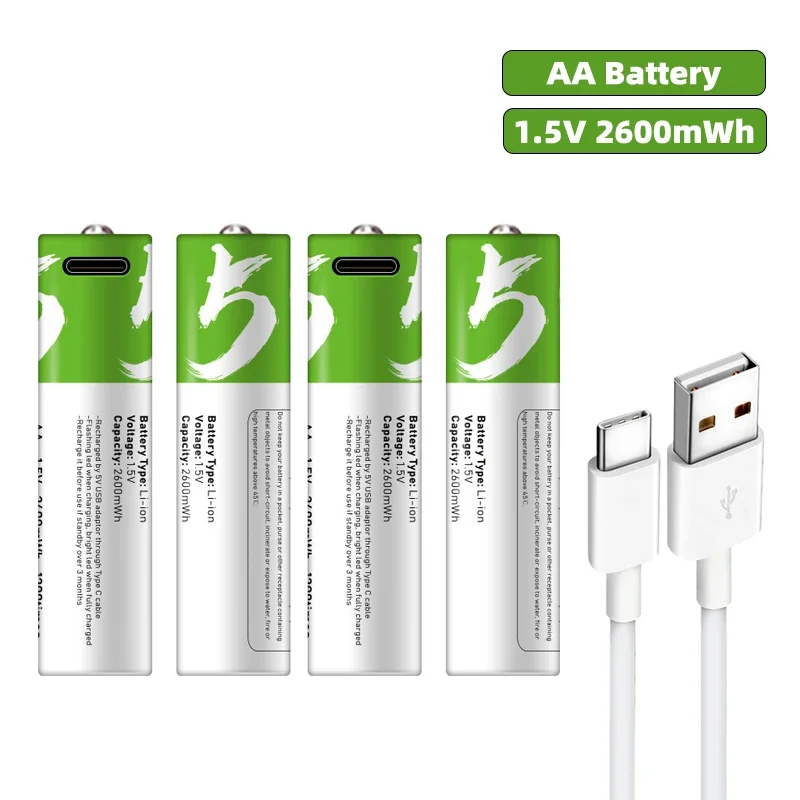 

AA Rechargeable Battery 1.5V 2600mWh Li-ion Cells with USB To Type-C Cable for Chime Toys Consumer Electronics Remote Controls