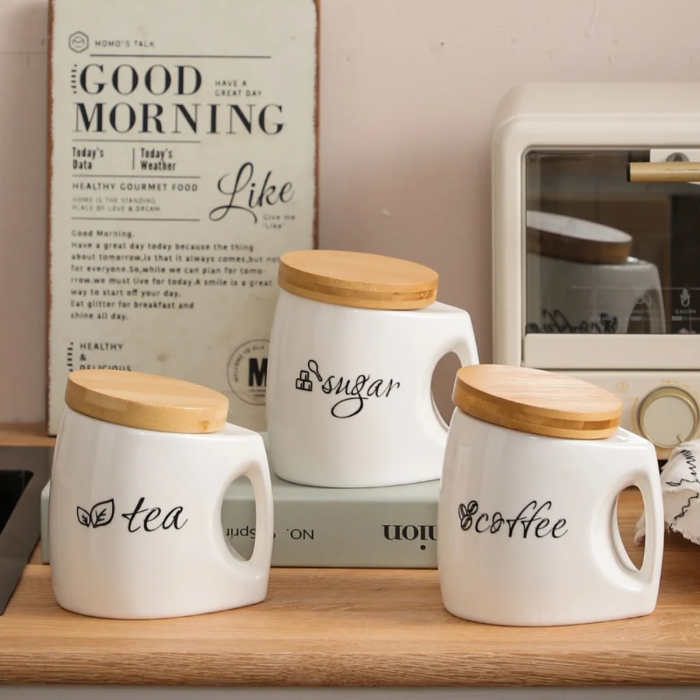 Ceramic Storage Jar with Bamboo Lid & Handle - Airtight Kitchen Canister for Sugar, Coffee, Tea - Includes Wooden Spoon