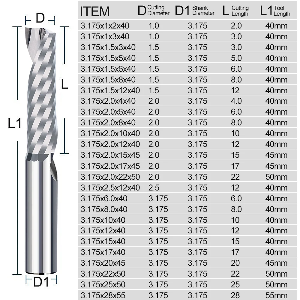 Carboneto de xcan fresa única flauta fresa 3.175/12mm haste cnc roteador bit para corte de alumínio cortador de trituração spial