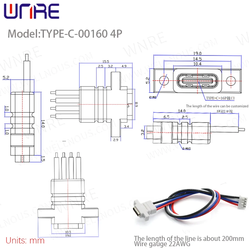 TYPE-00160 Waterproof With Ears Front lock screw 4P Power Connection Port Fast Charging Data Cable Female USB Connector