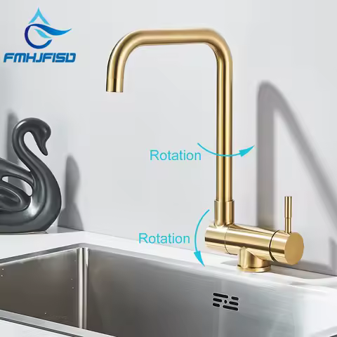 FMHJFIISD Brushed Gold Kitchen Faucet 360 Rotation Folding Stainless Steel Mixer Tap Single Handle Deck Mounted Bathroom Crane
