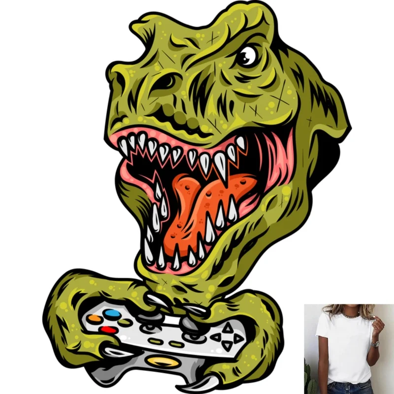 Trendy Cartoon Gaming Dinosaur Heat Transfer White Ink Iron - on Patch, Creative Decor for T - Shirts, Hoodies, Canvas Bags,